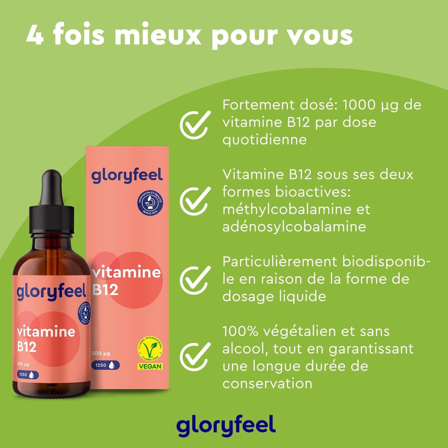 Vitamine B12 en Gouttes 50 ml (1250 Gouttes), Vitamin B12 1000 μg, 50ml, 2 Formes Actives Méthylcobalamine & Adénosylcobalamine, Absorption Efficace, Testé en Laboratoire, 100% Végane et Sans Alcool