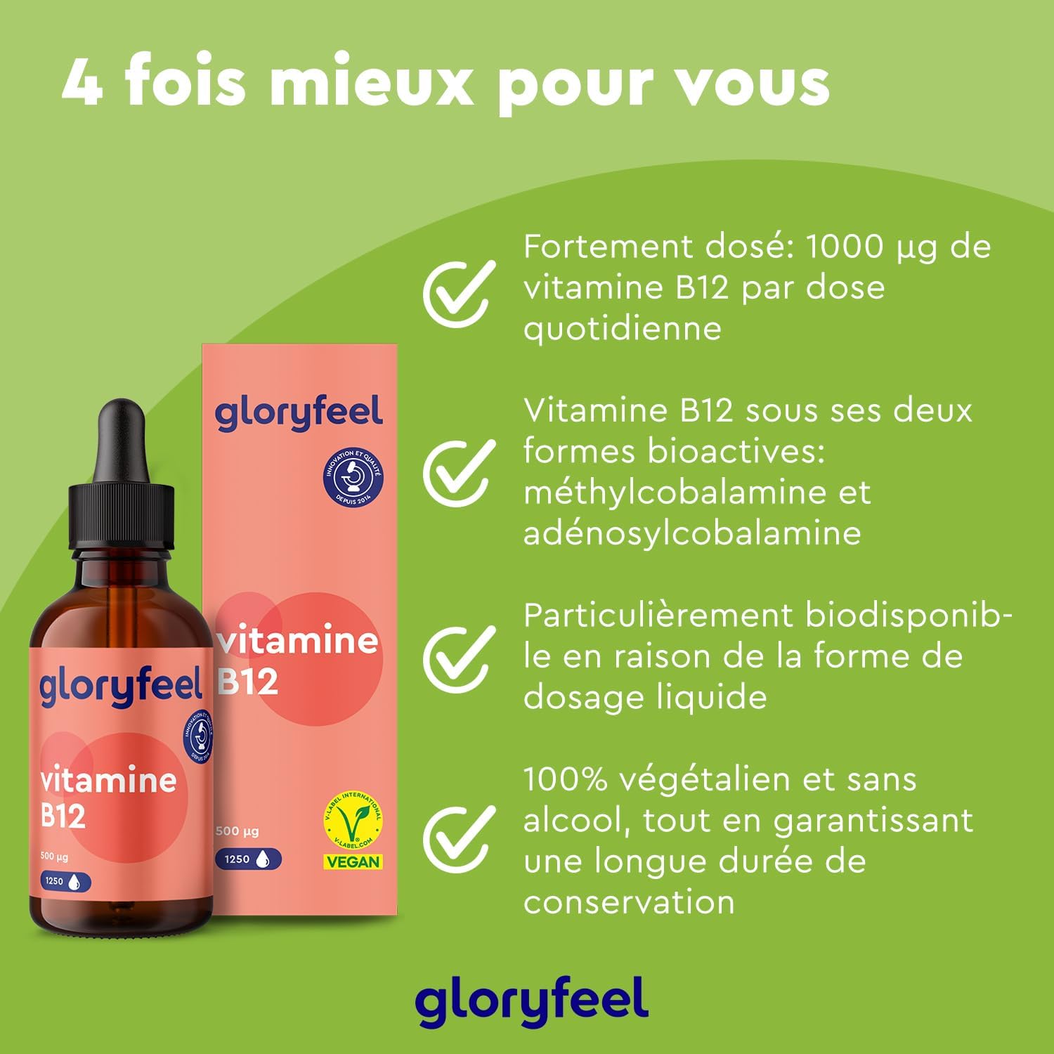 Vitamine B12 en Gouttes 50 ml (1250 Gouttes), Vitamin B12 1000 μg, 50ml, 2 Formes Actives Méthylcobalamine & Adénosylcobalamine, Absorption Efficace, Testé en Laboratoire, 100% Végane et Sans Alcool