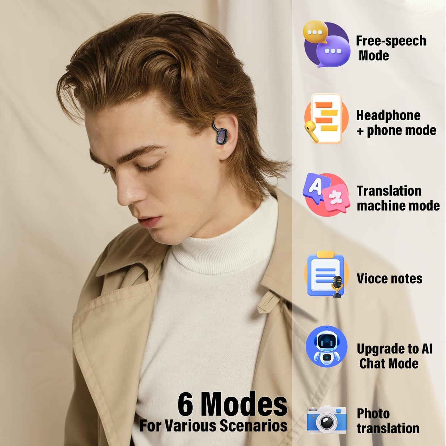 AI Ecouteur Traducteur Instantané, 50H Bluetooth 5.4 Oreillette Traducteur Instantané avec 164 Langues/6 Modes de Traduction, 3 in 1 AI Écouteur Traducteur Vocal Instantané pour Voyage/Affaires/Études