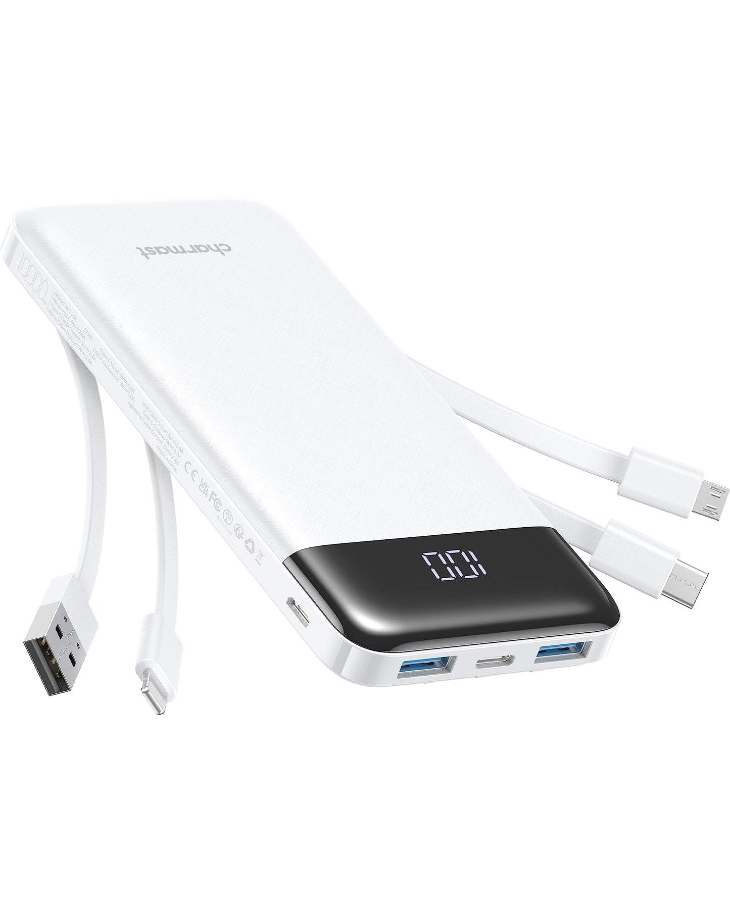Charmast Batterie Externe 10000mAh avec 4 Câbles Intégrés Batterie Portable USB C Mince Power Bank avec 6 Sorties et 3 Entrées pour iPhone 12 13 11 Samsung S21 S22