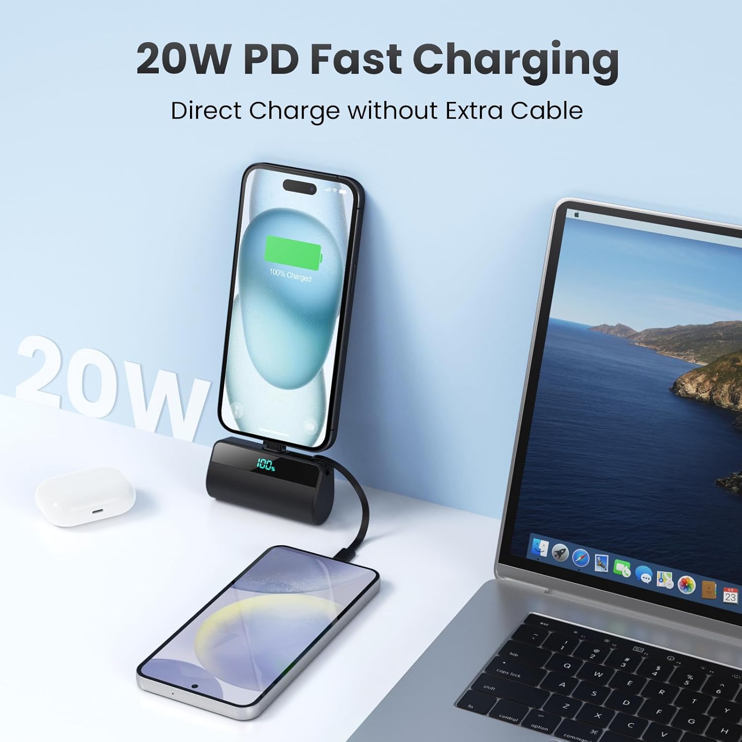 Batterie Externe pour iPhone, 5500mAh Mini Power Bank avec Câble USB C Intégrés, 20W PD Charge Rapide Chargeur Portable Écran LCD Batterie Portable Compatible avec iPhone 16/15/14/13/12/11/X/8/7/6 etc