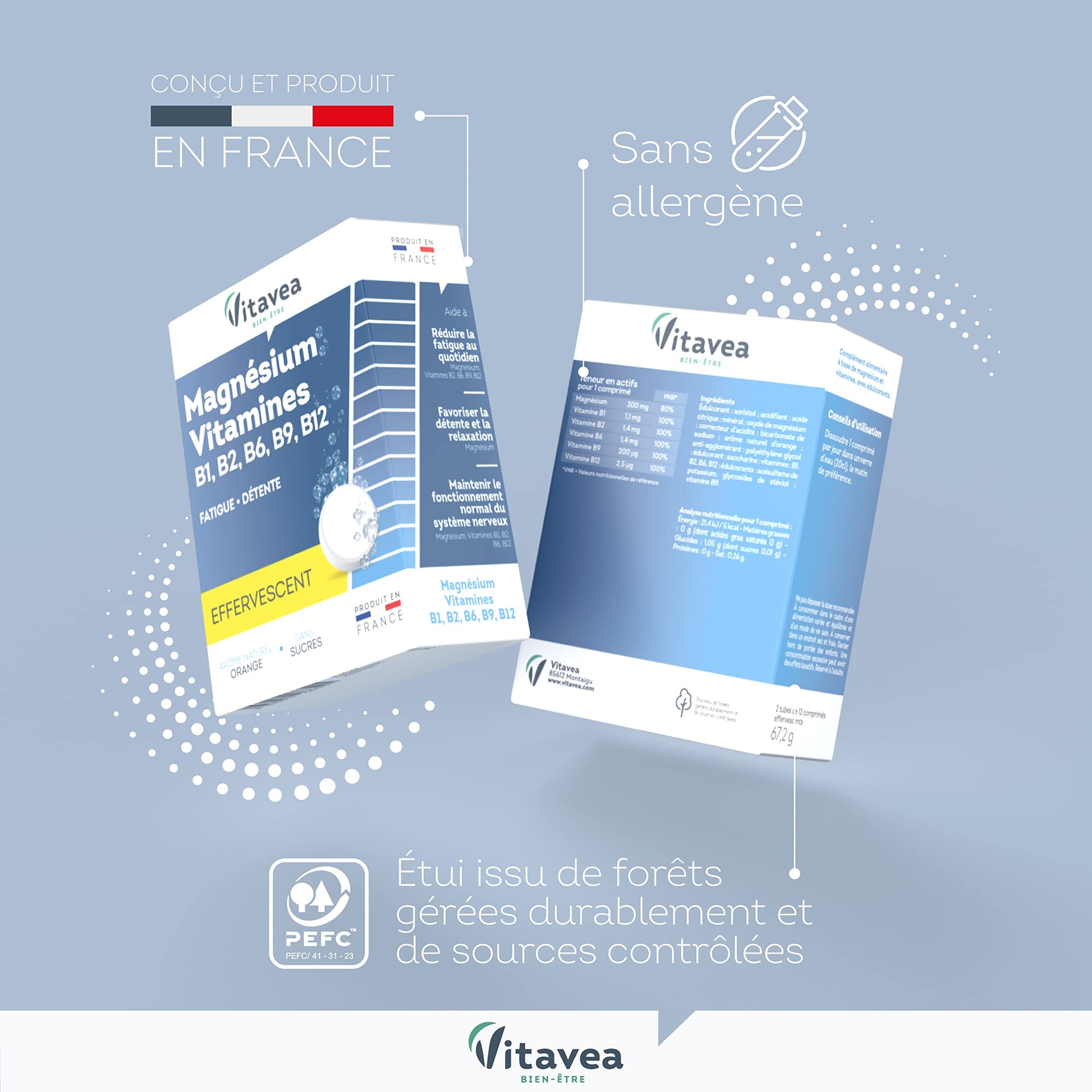 VITAVEA BIEN-ETRE - Magnésium - Vitamines B1. B2. B6. B9. B12 - Réduction de la Fatigue - Détente et Relaxation - 24 Comprimés Effervescents - Fabriqué en France