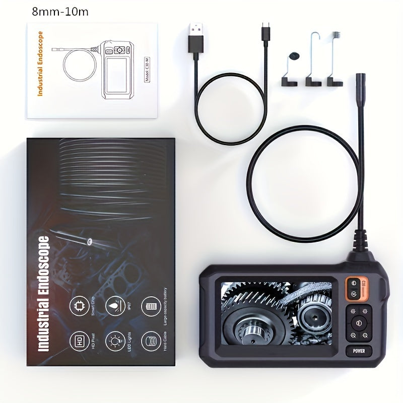 Industrial Endoscope, 8mm  Digital Borescope Inspection Camera 4.3 Inch IPS LCD Screen IP67 Waterproof Snake Camera With 8 LED Lights, 1/5/10m Semi-Rigid Cable, Auto Repair Plumbing House Auxiliary Inspection