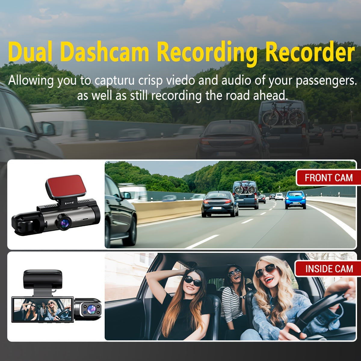 1080P Dual Camera Dash Cam For Cars With IR Night Vision, Loop Recording, And Wide Angle Lens - 3.16 Inch IPS Screen
