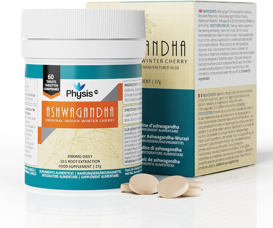 Comprimés Physis Ashwagandha | 60 comprimés | 2000mg haute résistance | Supplément d'extrait de racine Ashwagandha Pure KSM 66 | Soutient le corps et la cognition | Végétalien