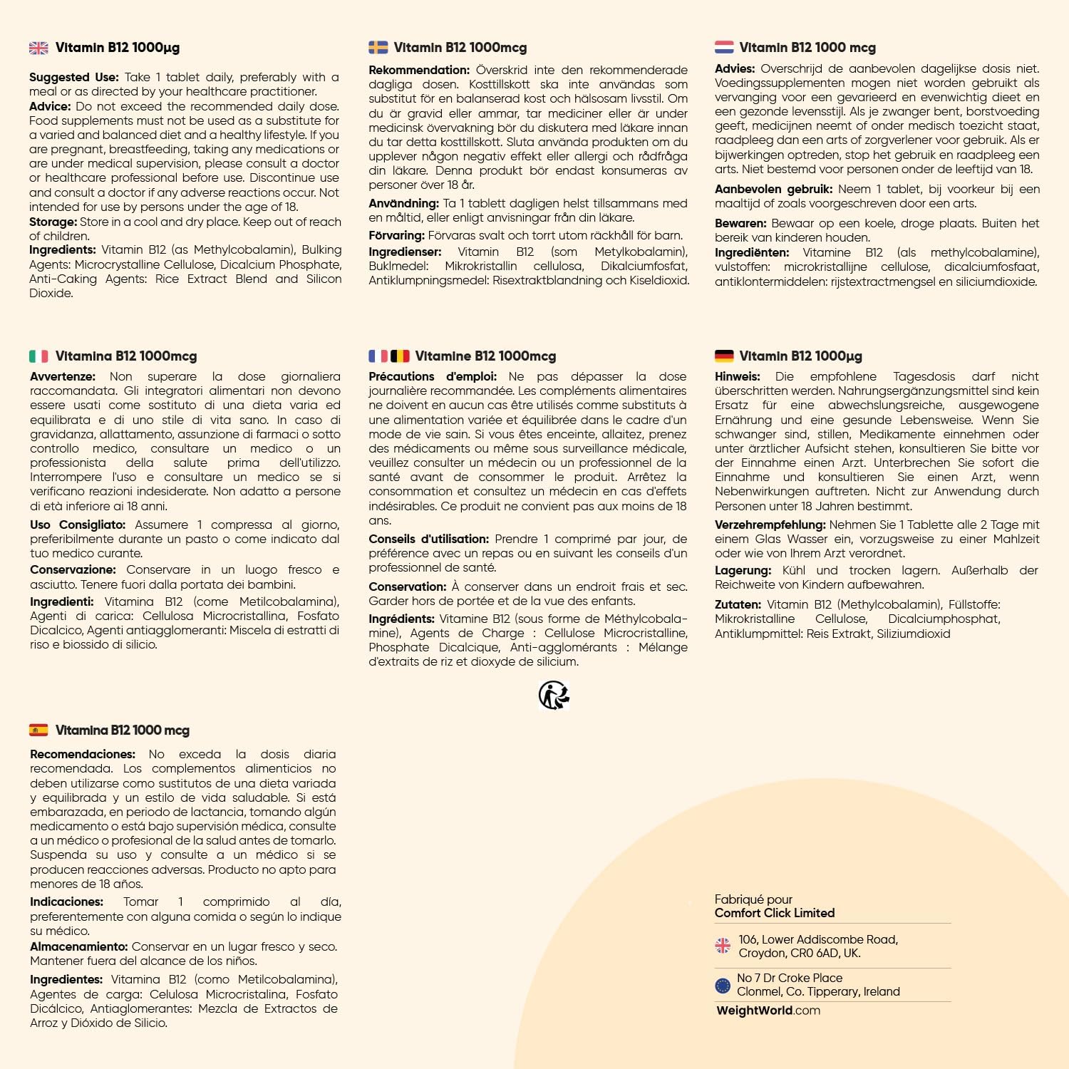 Vitamine B12 Vegan 1000mcg, 450 Micro Comprimés Méthylcobalamine Biodisponible - La vitamine B12 contribue à un métabolisme énergétique normal & au fonctionnement normal du système nerveux (EFSA)