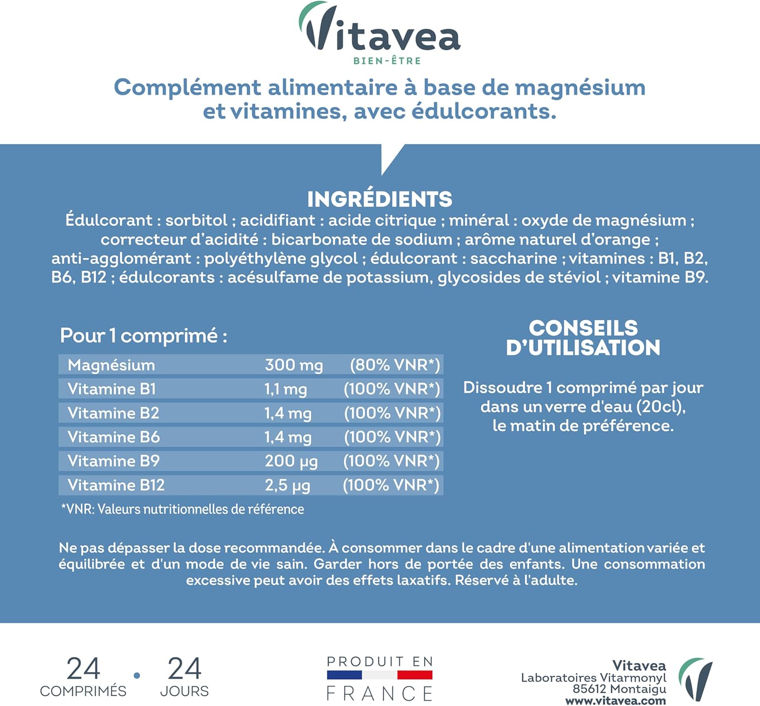 VITAVEA BIEN-ETRE - Magnésium - Vitamines B1. B2. B6. B9. B12 - Réduction de la Fatigue - Détente et Relaxation - 24 Comprimés Effervescents - Fabriqué en France