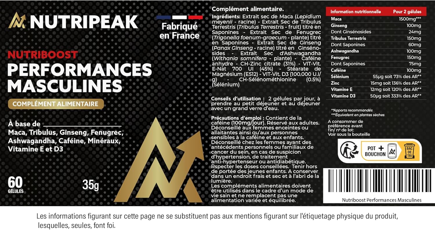 TESTOSTERONE HOMME Concentré pour Performance Masculine | Action COMPLÈTE - 100% Naturel | Tribulus terrestris - Ashwagandha - Fenugrec - Ginseng & Zinc caféiné | Fabriqué en France