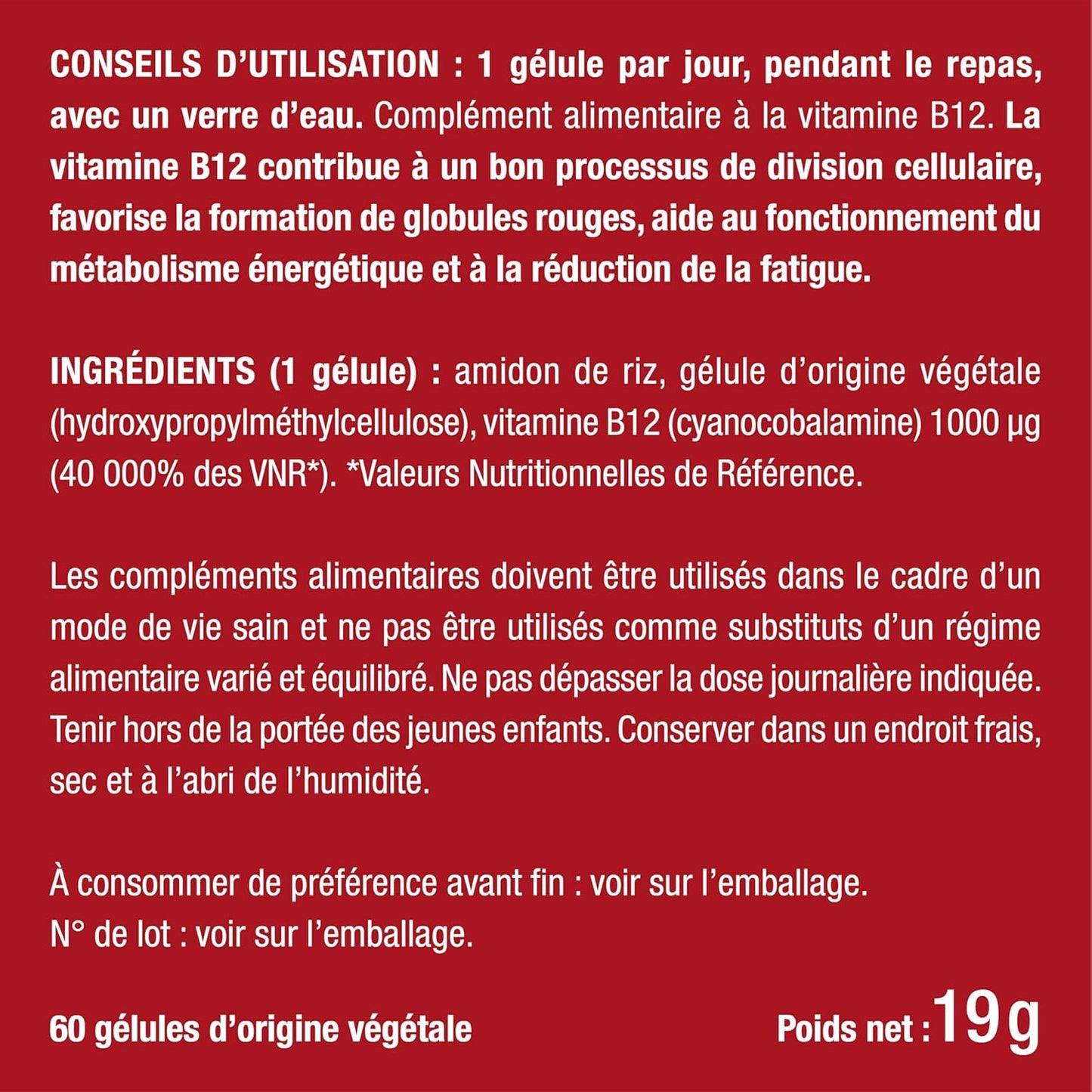 Vitamine B12 Pure - Adapté aux Végétariens et Vegan - 1000 µg de Cyanocobalamine - Fonctions Vitales, Système Nerveux & Immunité - 60 Gélules - Nutrimea - Fabrication Française