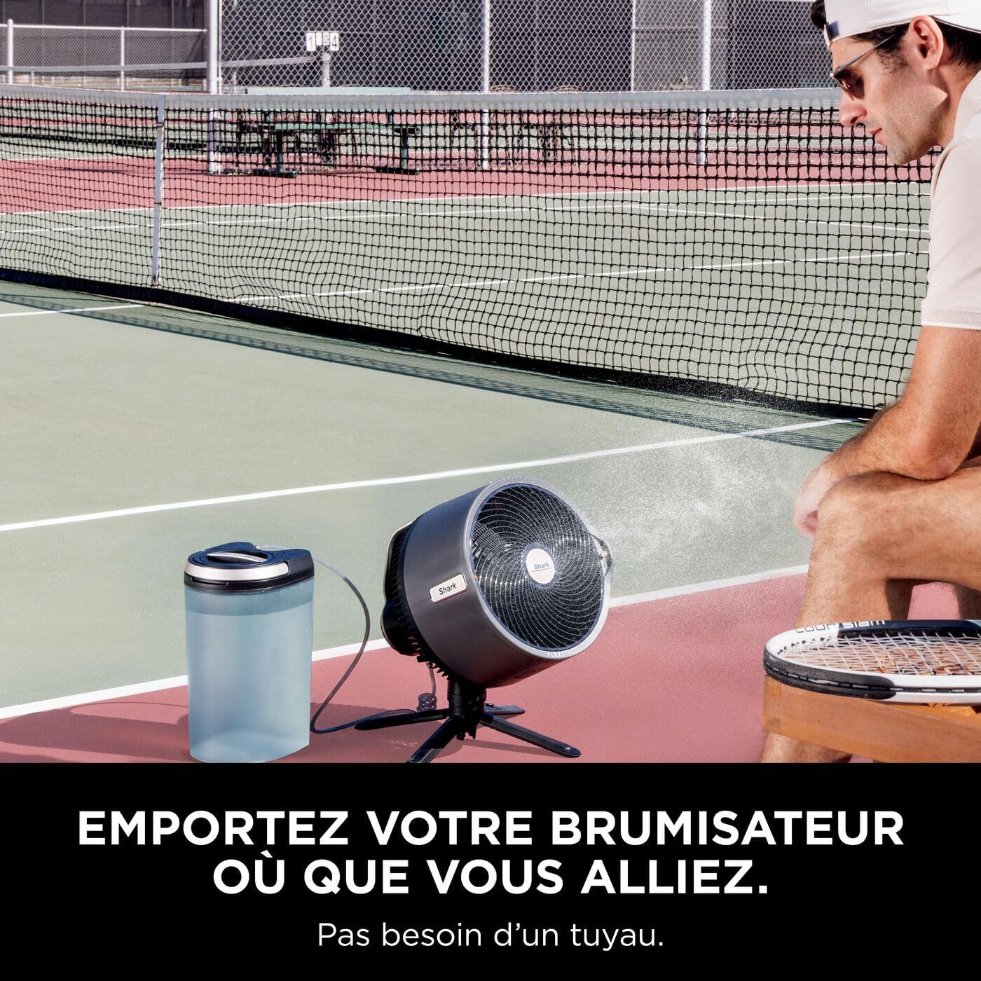 Shark FlexBreeze Pro Mist Ventilateur intérieur/extérieur sans fil, Brumisateur portable, Portée 20 m, Sur pied ou de table, 5 vitesses, Silencieux, Télécommande, Gris Charbon FA300EU