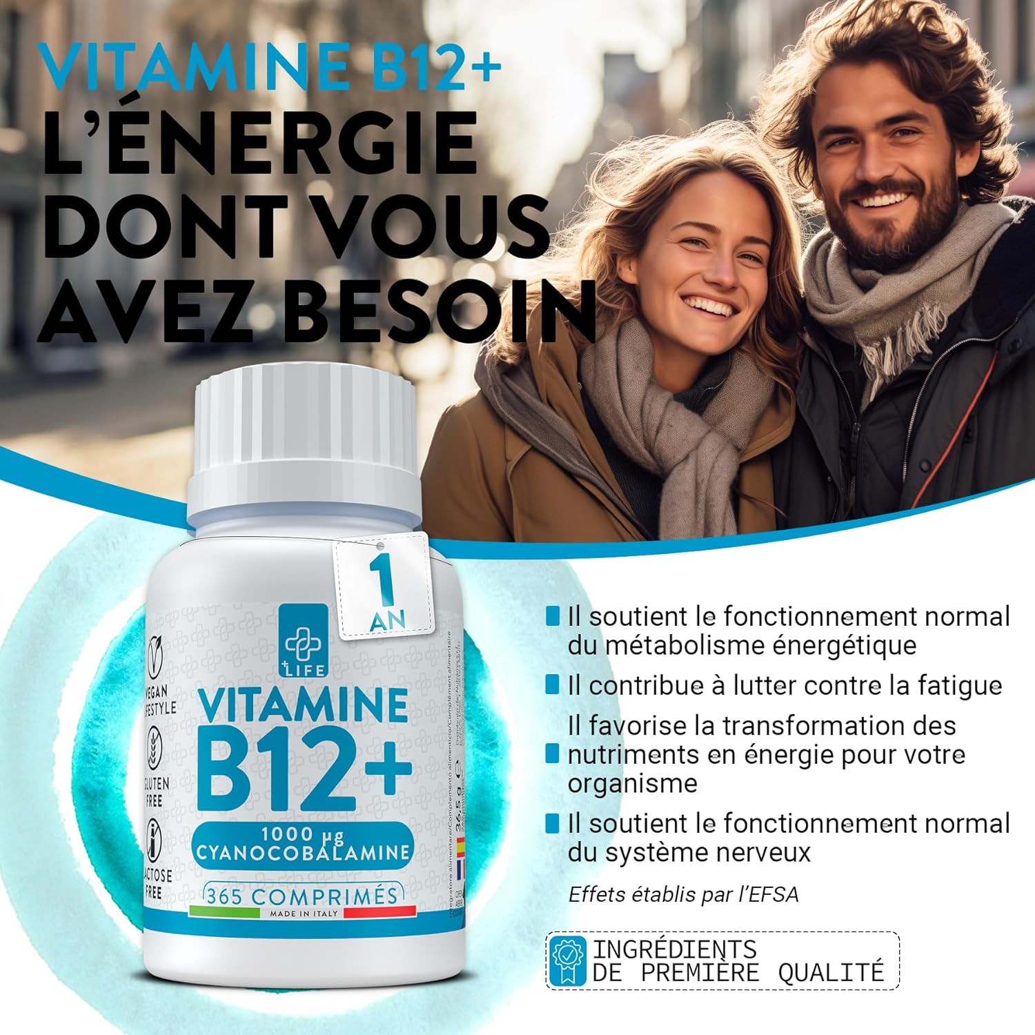 Vitamine B12 Vegan 1000mcg, 1 Par Jour PiùLife, B12 Vitamine B Cyanocobalamine, Complement Alimentaire Fatigue, Energie, Système Immunitaire, 365 Comprimés