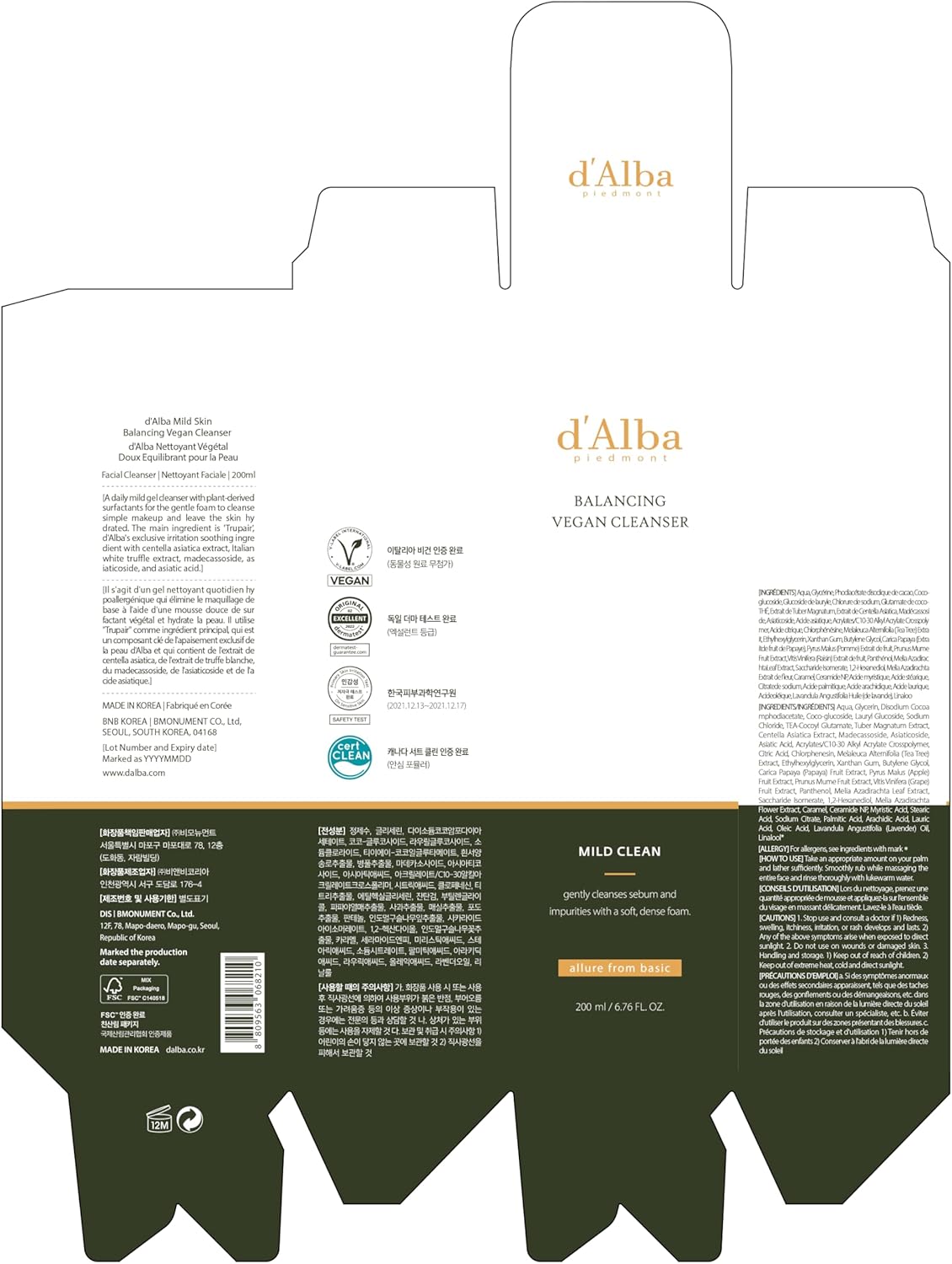 d'Alba Nettoyant Végétalien équilibré pour la peau à la truffe blanche italienne, gel nettoyant à pH doux, nettoyant hydraté et non raffermissant, Soin de la Peau Coréen