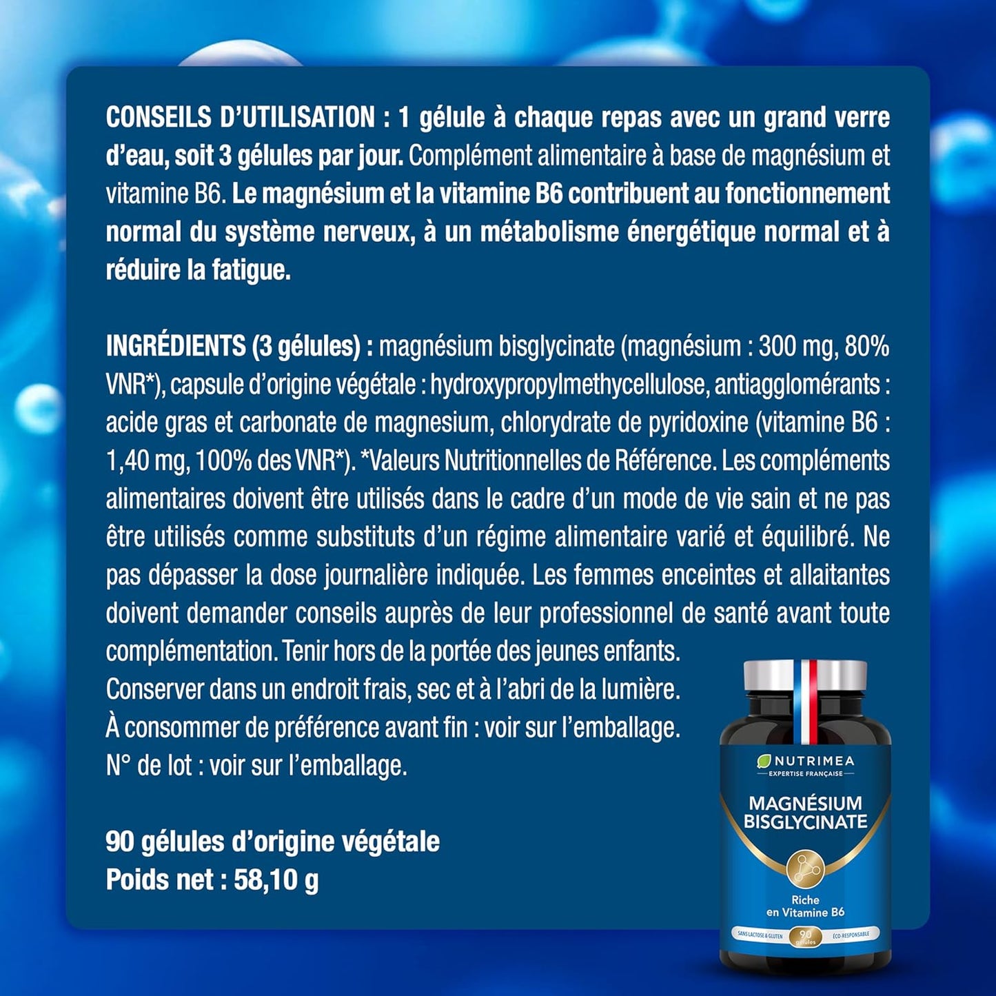 Magnésium Bisglycinate + Vitamine B6 - Sommeil, Stress, Fatigue - Absorption Maximale & Assimilation Facilitée - 90 Gélules Vegan - Nutrimea - Fabriqué en France