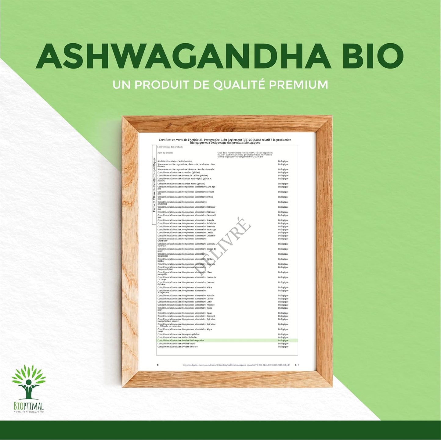 Bioptimal - Racines d'Ashwagandha Indien Bio en Poudre - Withania Somnifera 100% Pur - Sommeil Anti-Stress Libido Adaptogène - Contrôlé et Conditionné en France - Certifié Ecocert - 100g