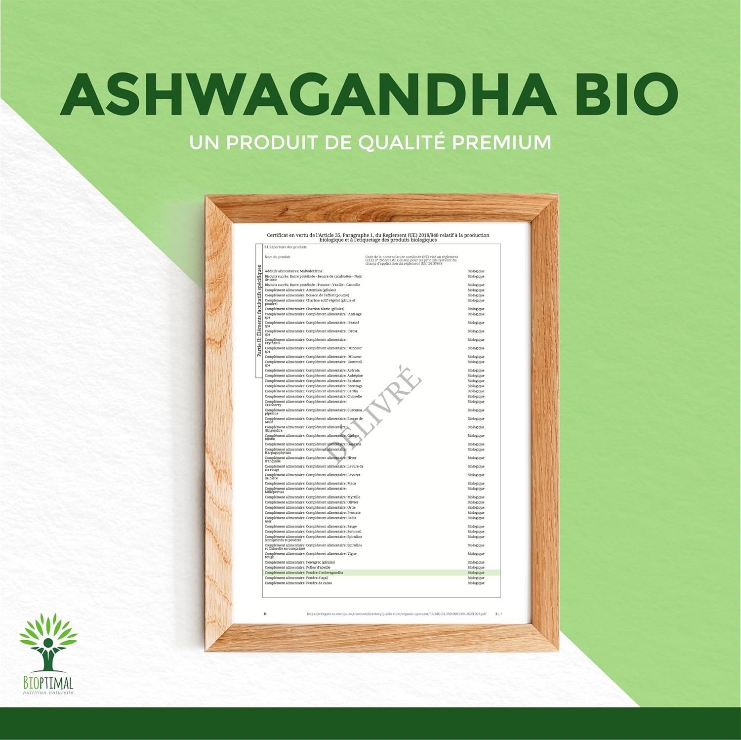 Bioptimal - Racines d'Ashwagandha Indien Bio en Poudre - Withania Somnifera 100% Pur - Sommeil Anti-Stress Libido Adaptogène - Contrôlé et Conditionné en France - Certifié Ecocert - 100g