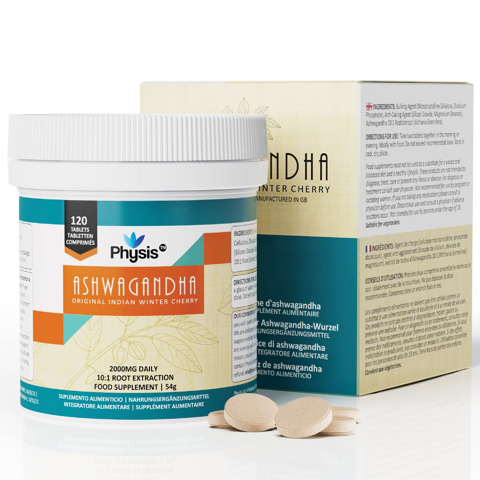 Comprimés Physis Ashwagandha | 60 comprimés | 2000mg haute résistance | Supplément d'extrait de racine Ashwagandha Pure KSM 66 | Soutient le corps et la cognition | Végétalien