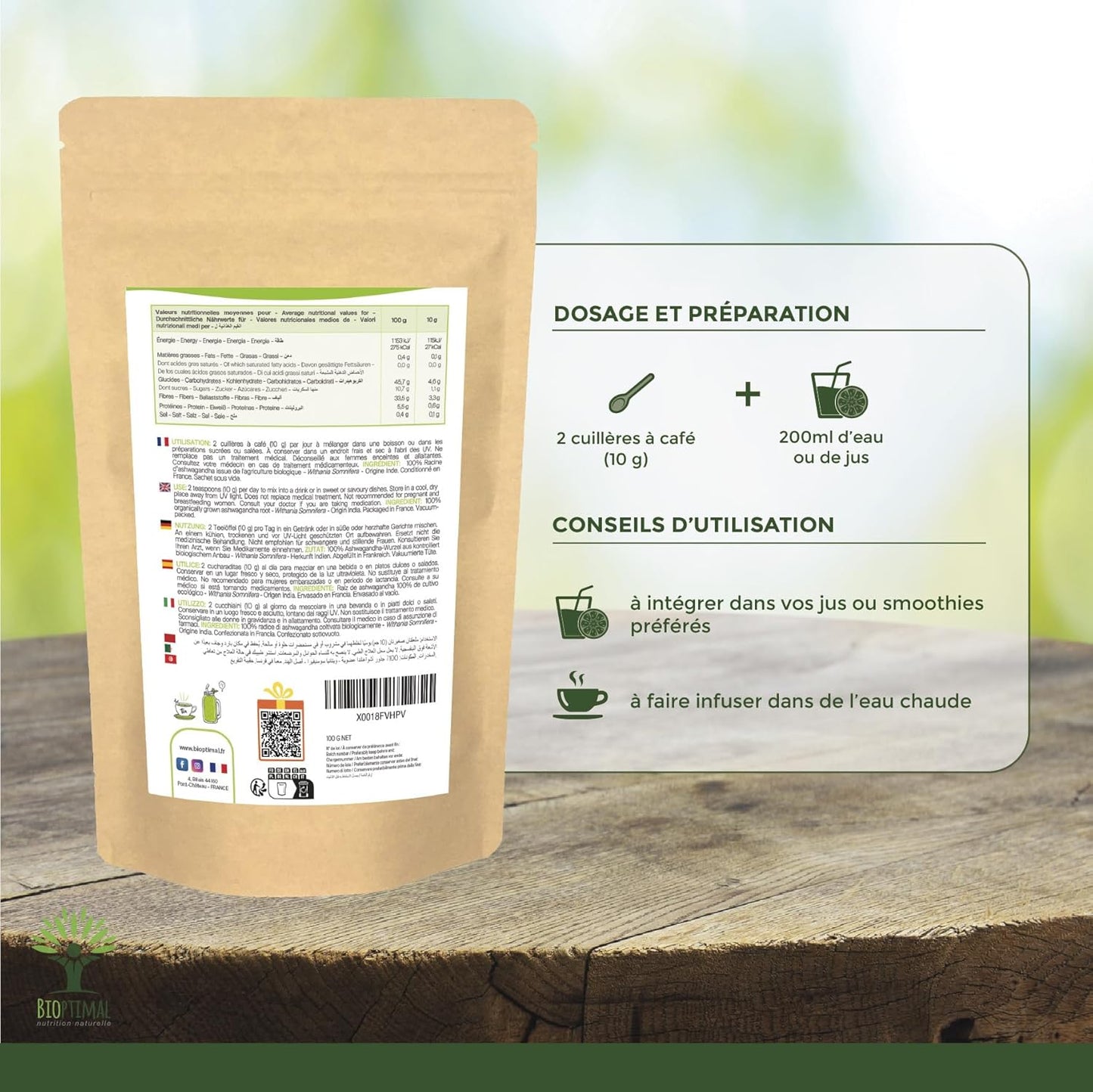 Bioptimal - Racines d'Ashwagandha Indien Bio en Poudre - Withania Somnifera 100% Pur - Sommeil Anti-Stress Libido Adaptogène - Contrôlé et Conditionné en France - Certifié Ecocert - 100g