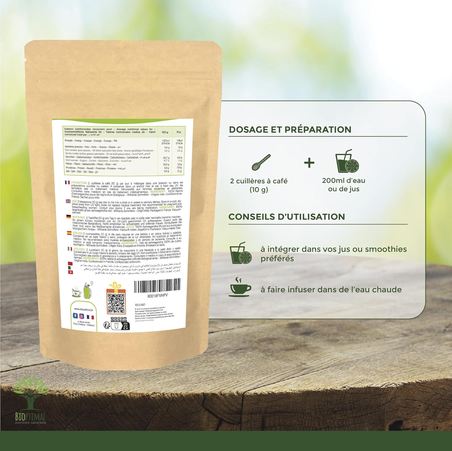 Bioptimal - Racines d'Ashwagandha Indien Bio en Poudre - Withania Somnifera 100% Pur - Sommeil Anti-Stress Libido Adaptogène - Contrôlé et Conditionné en France - Certifié Ecocert - 100g
