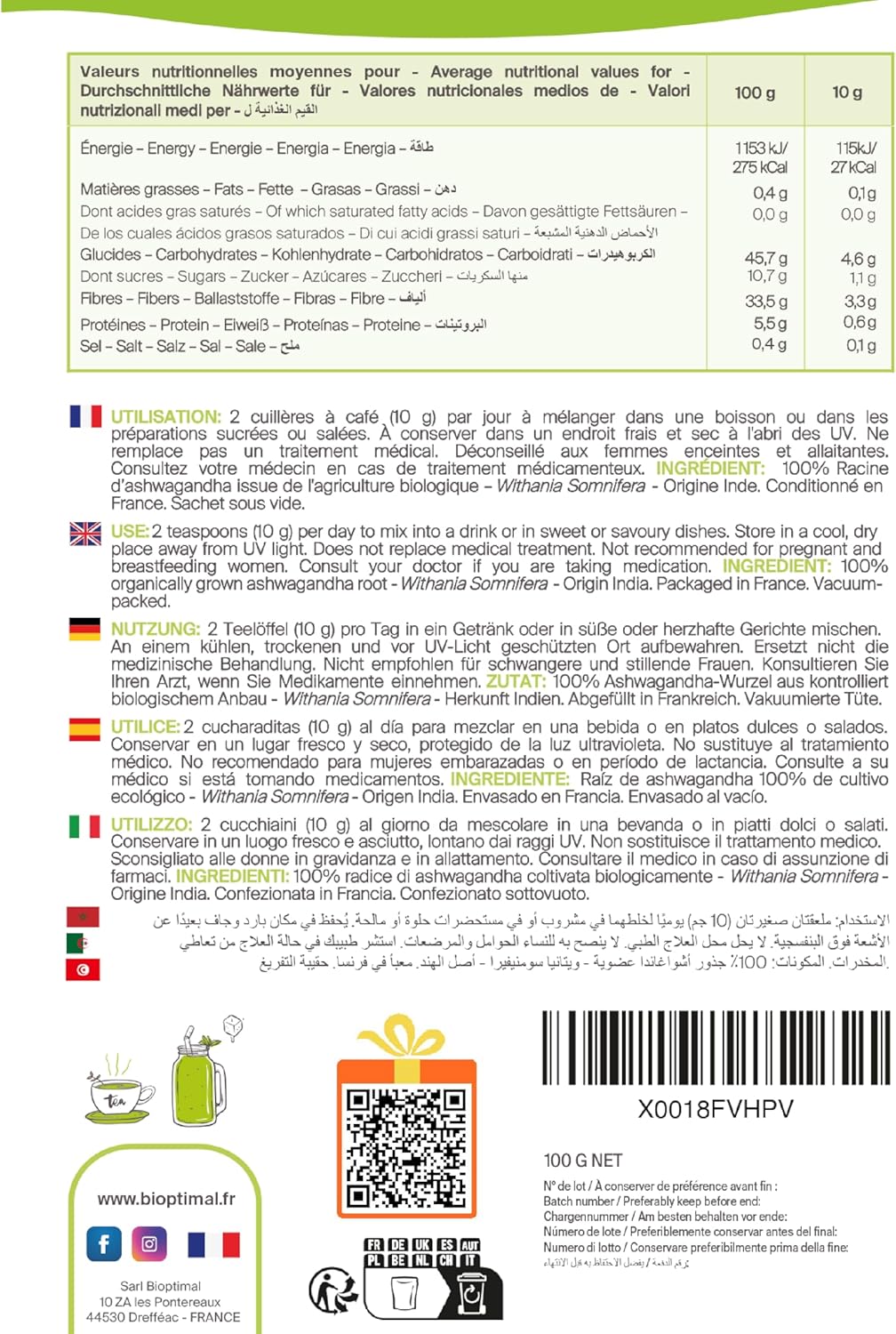 Bioptimal - Racines d'Ashwagandha Indien Bio en Poudre - Withania Somnifera 100% Pur - Sommeil Anti-Stress Libido Adaptogène - Contrôlé et Conditionné en France - Certifié Ecocert - 100g