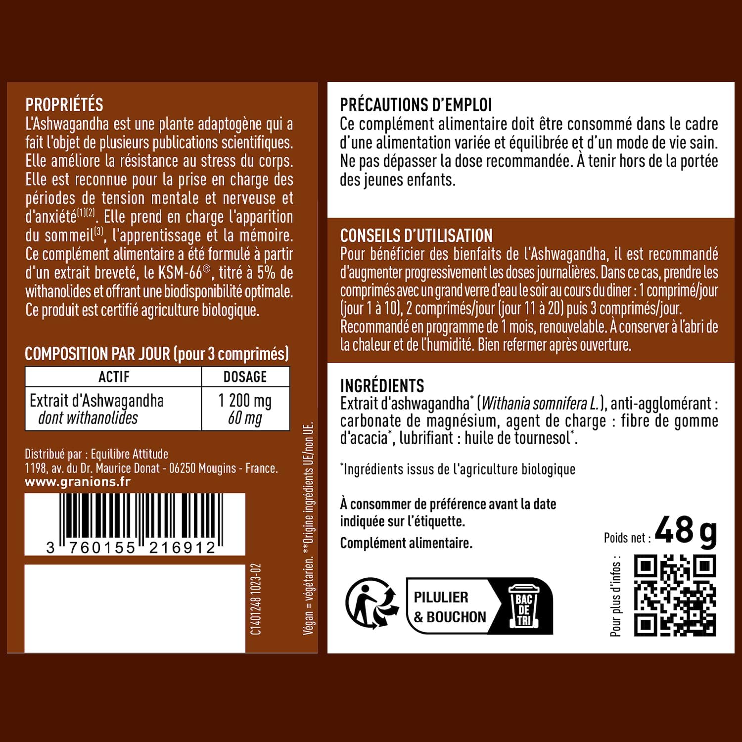 ASHWAGANDHA BIO 1200 MG GRANIONS 30 Jours - Ashwagandha KSM-66 + 5% Withanolides -Ashwagandha Bio Anti Stress Adulte, Sommeil Adulte, Immunité, Vegan - 60 comprimés - Fabriqué en France