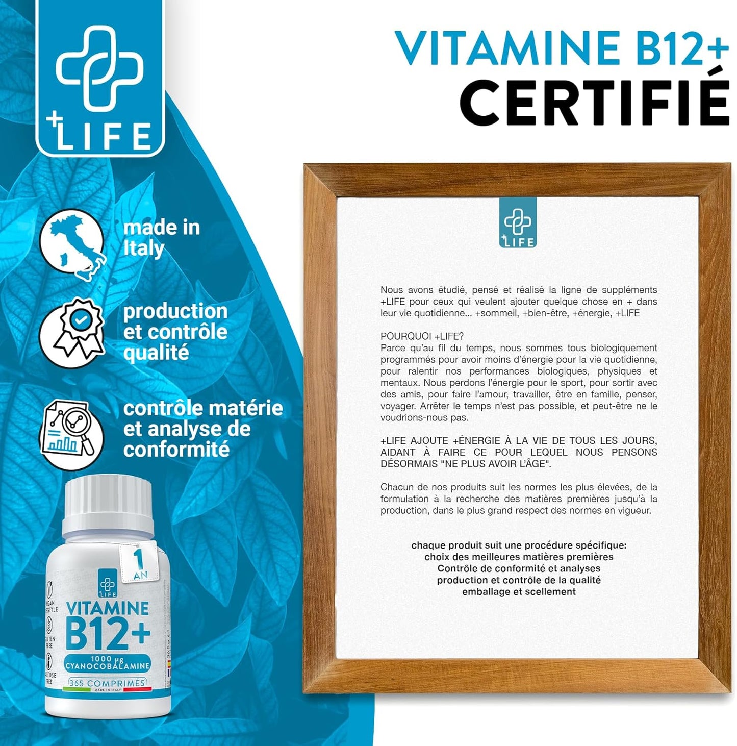 Vitamine B12 Vegan 1000mcg, 1 Par Jour PiùLife, B12 Vitamine B Cyanocobalamine, Complement Alimentaire Fatigue, Energie, Système Immunitaire, 365 Comprimés
