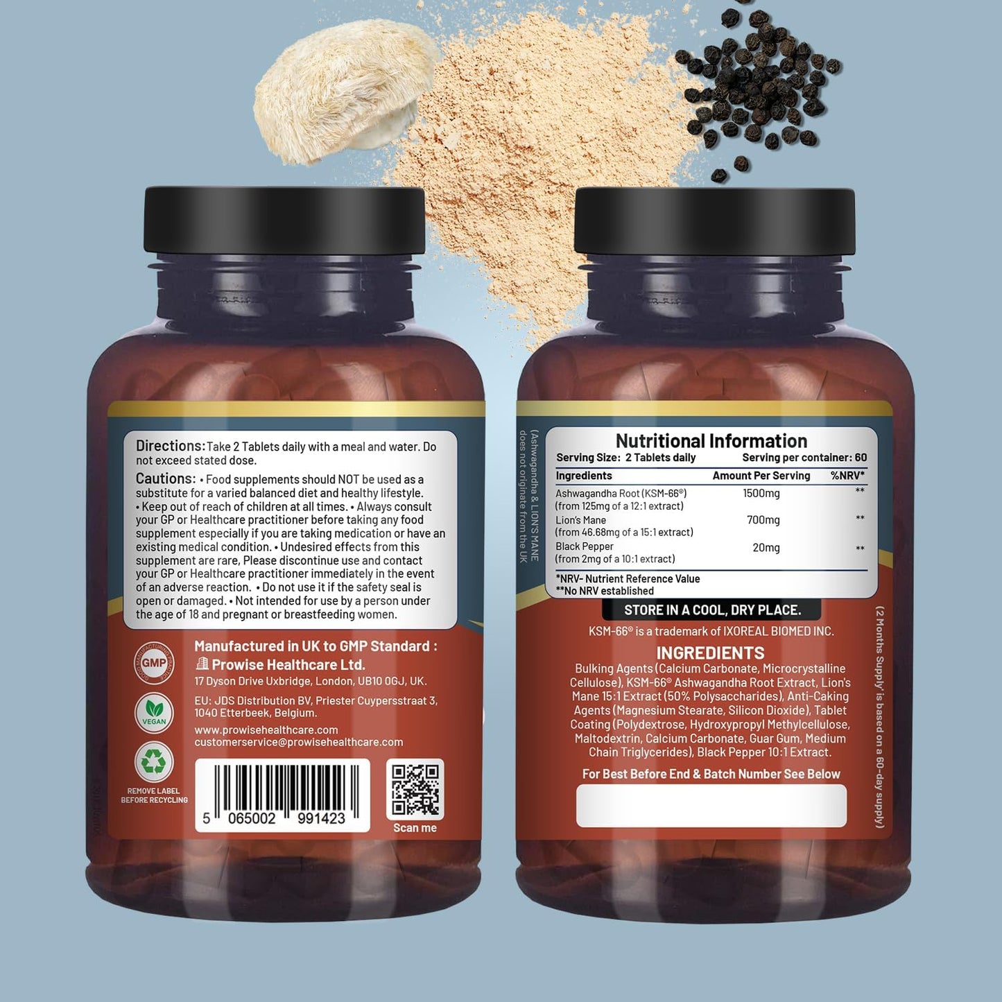 Comprimés KSM-66 Ashwagandha et crinière de lion - Haute concentration 2200 mg | Extrait de racine d'Ashwagandha KSM-66 et extrait de champignon crinière de lion - 120 comprimés avec poivre noir