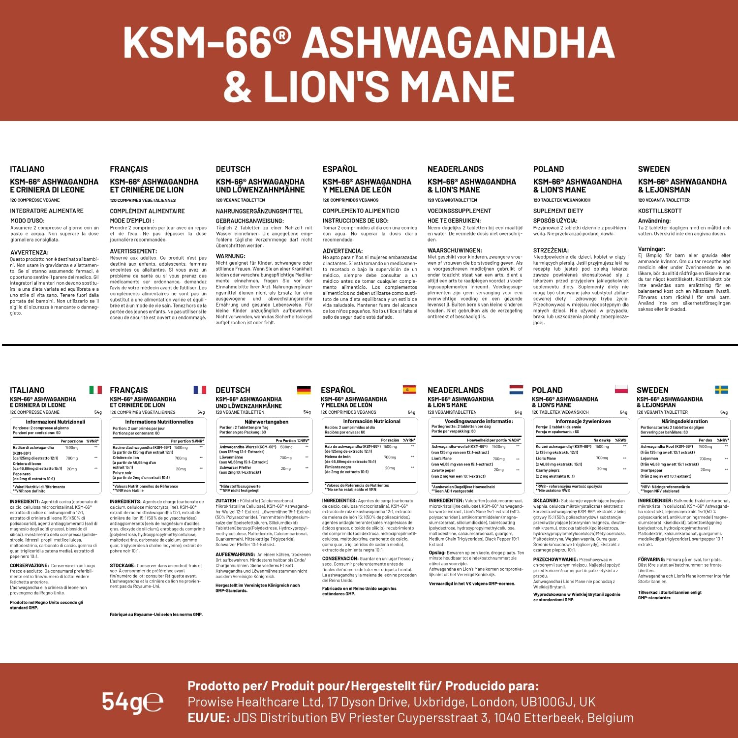 Comprimés KSM-66 Ashwagandha et crinière de lion - Haute concentration 2200 mg | Extrait de racine d'Ashwagandha KSM-66 et extrait de champignon crinière de lion - 120 comprimés avec poivre noir