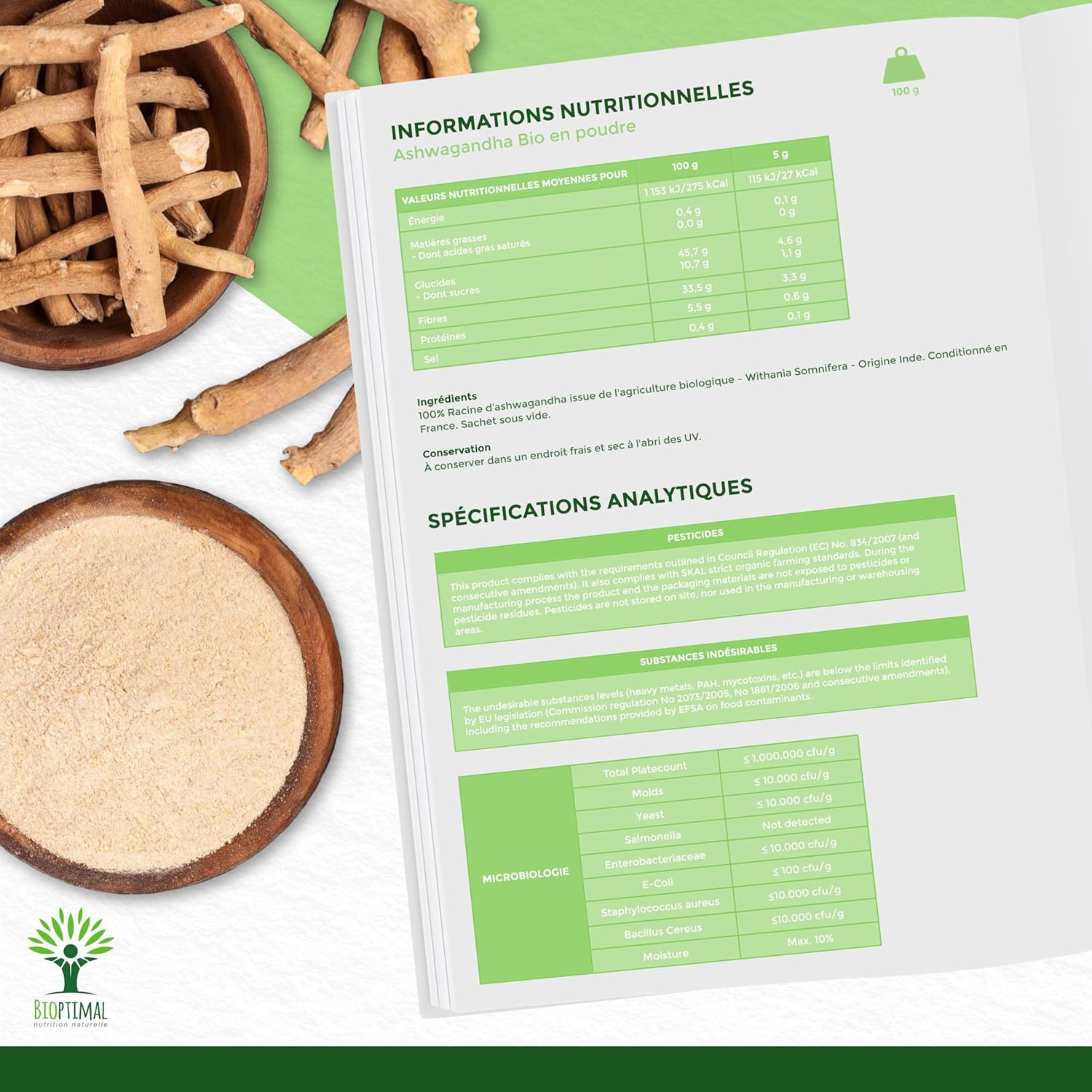 Bioptimal - Racines d'Ashwagandha Indien Bio en Poudre - Withania Somnifera 100% Pur - Sommeil Anti-Stress Libido Adaptogène - Contrôlé et Conditionné en France - Certifié Ecocert - 100g