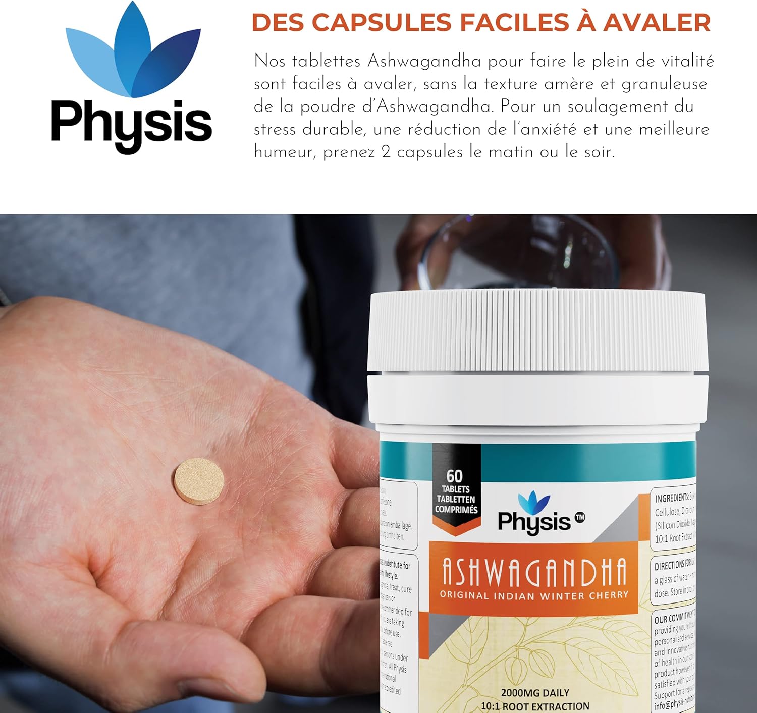 Comprimés Physis Ashwagandha | 60 comprimés | 2000mg haute résistance | Supplément d'extrait de racine Ashwagandha Pure KSM 66 | Soutient le corps et la cognition | Végétalien