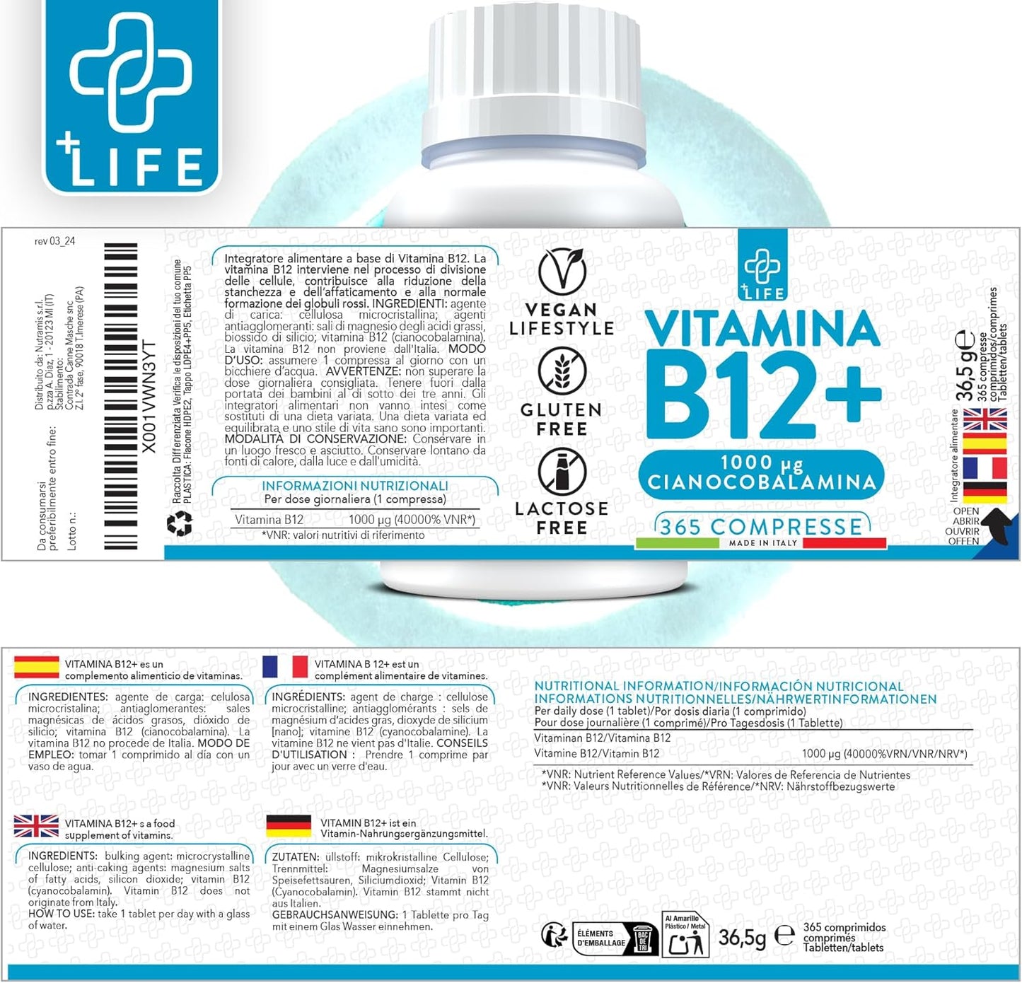 Vitamine B12 Vegan 1000mcg, 1 Par Jour PiùLife, B12 Vitamine B Cyanocobalamine, Complement Alimentaire Fatigue, Energie, Système Immunitaire, 365 Comprimés