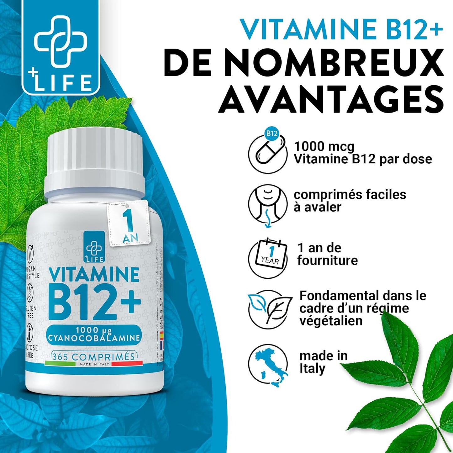 Vitamine B12 Vegan 1000mcg, 1 Par Jour PiùLife, B12 Vitamine B Cyanocobalamine, Complement Alimentaire Fatigue, Energie, Système Immunitaire, 365 Comprimés