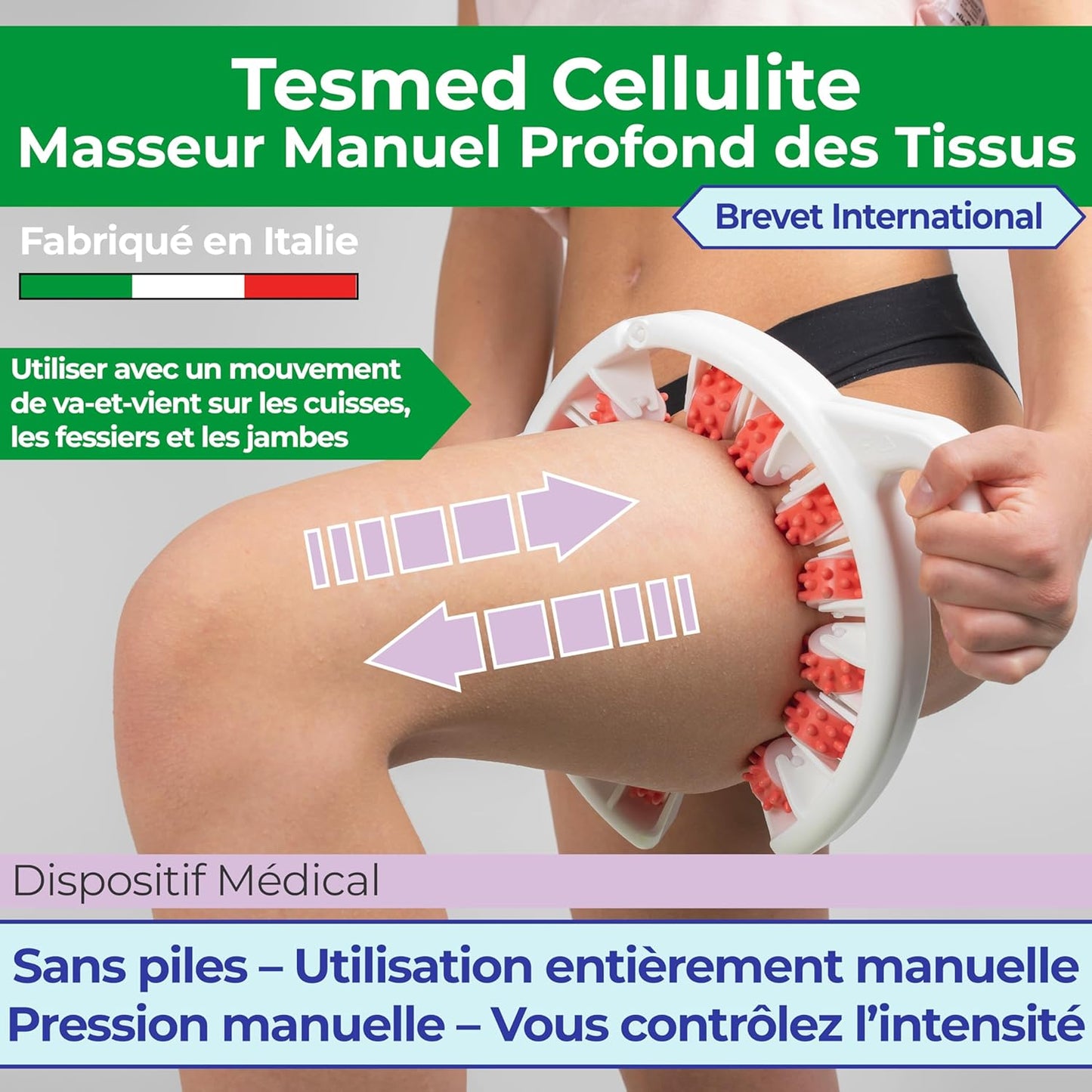 TESMED CELLULITE – Masseur manuel anti-cellulite, Made in Italy, breveté, à triple action mécanique avec rouleaux qui soulèvent, resserrent et relâchent la peau (Rose)