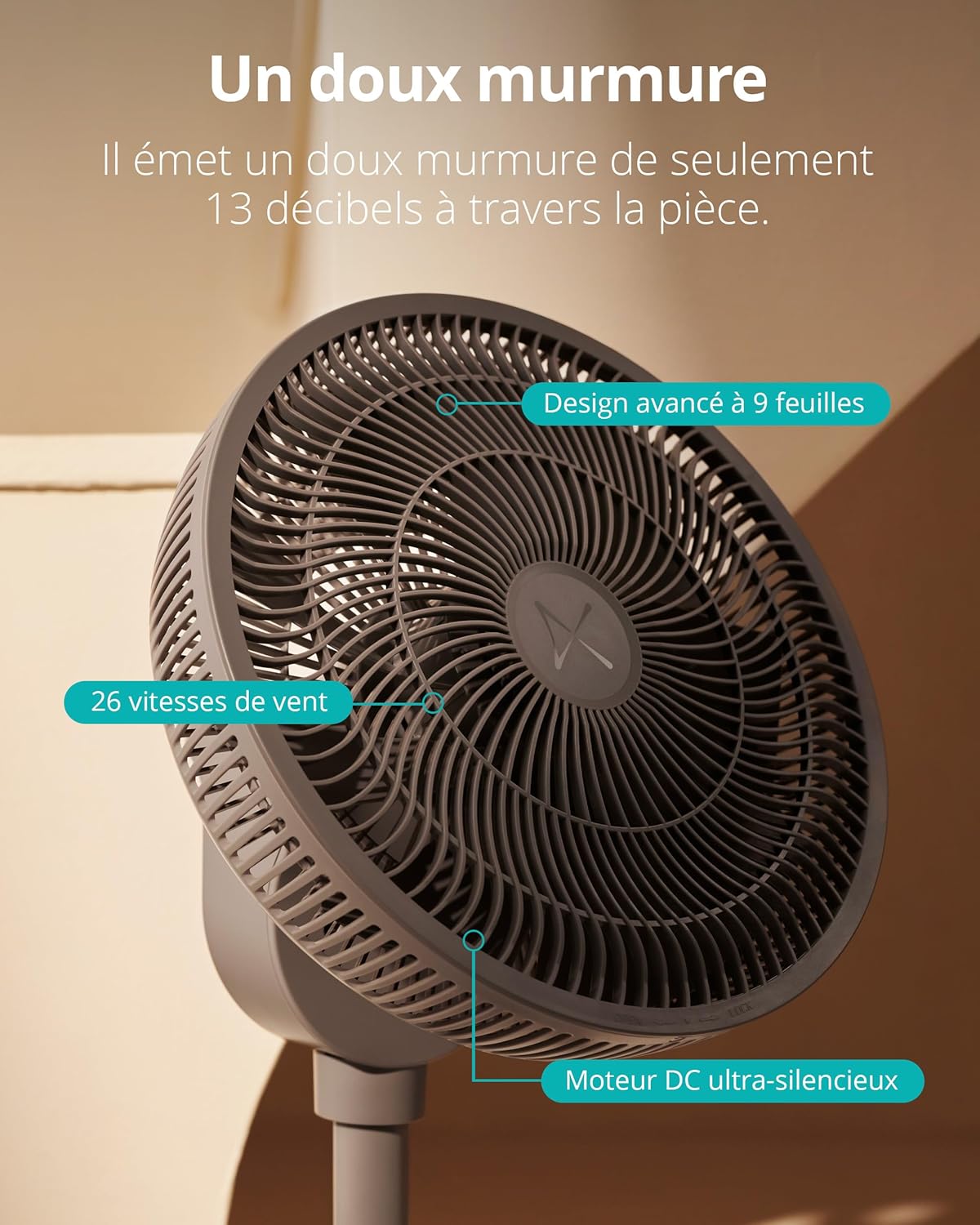 Duux Whisper 2 Gris - Ventilateur silencieux sur pied - Ventilateur sur pied avec télécommande, Minuterie et 26 vitesses - Hauteur réglable 73-95 cm - Oscillation automatique
