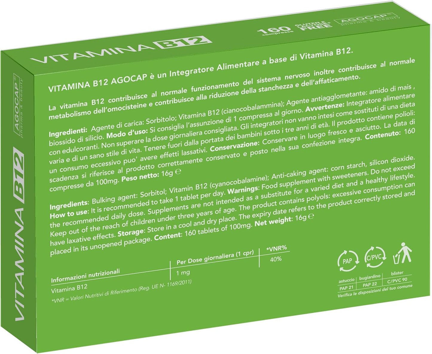 Vitamina B12,1000µg. B12 Vitamine 160 Comprimés - Soutient le Système Nerveux. Vitamine B12 Adulte, Énergie, Immunité, Métabolisme. Vegan, Natural
