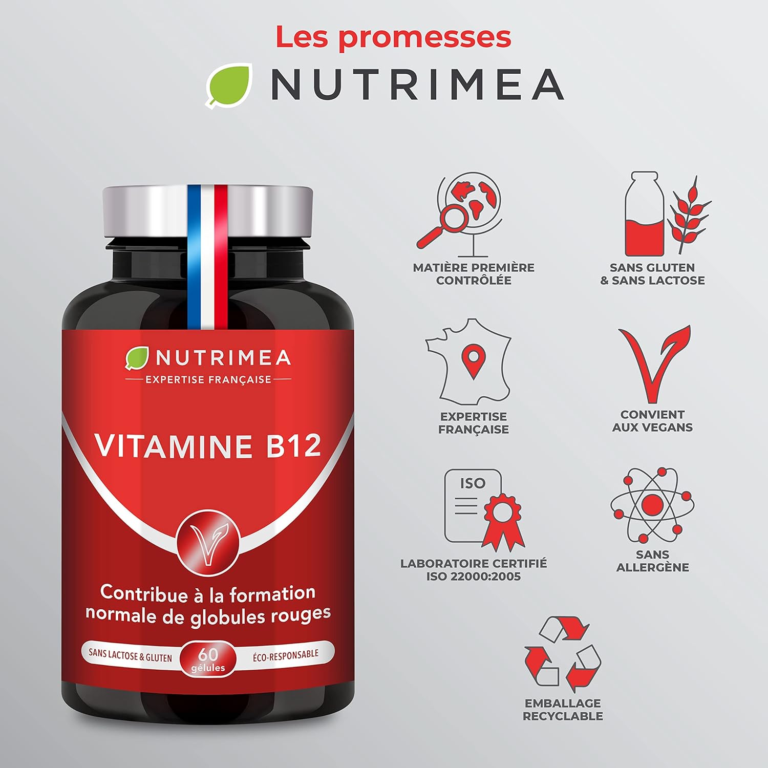 Vitamine B12 Pure - Adapté aux Végétariens et Vegan - 1000 µg de Cyanocobalamine - Fonctions Vitales, Système Nerveux & Immunité - 60 Gélules - Nutrimea - Fabrication Française