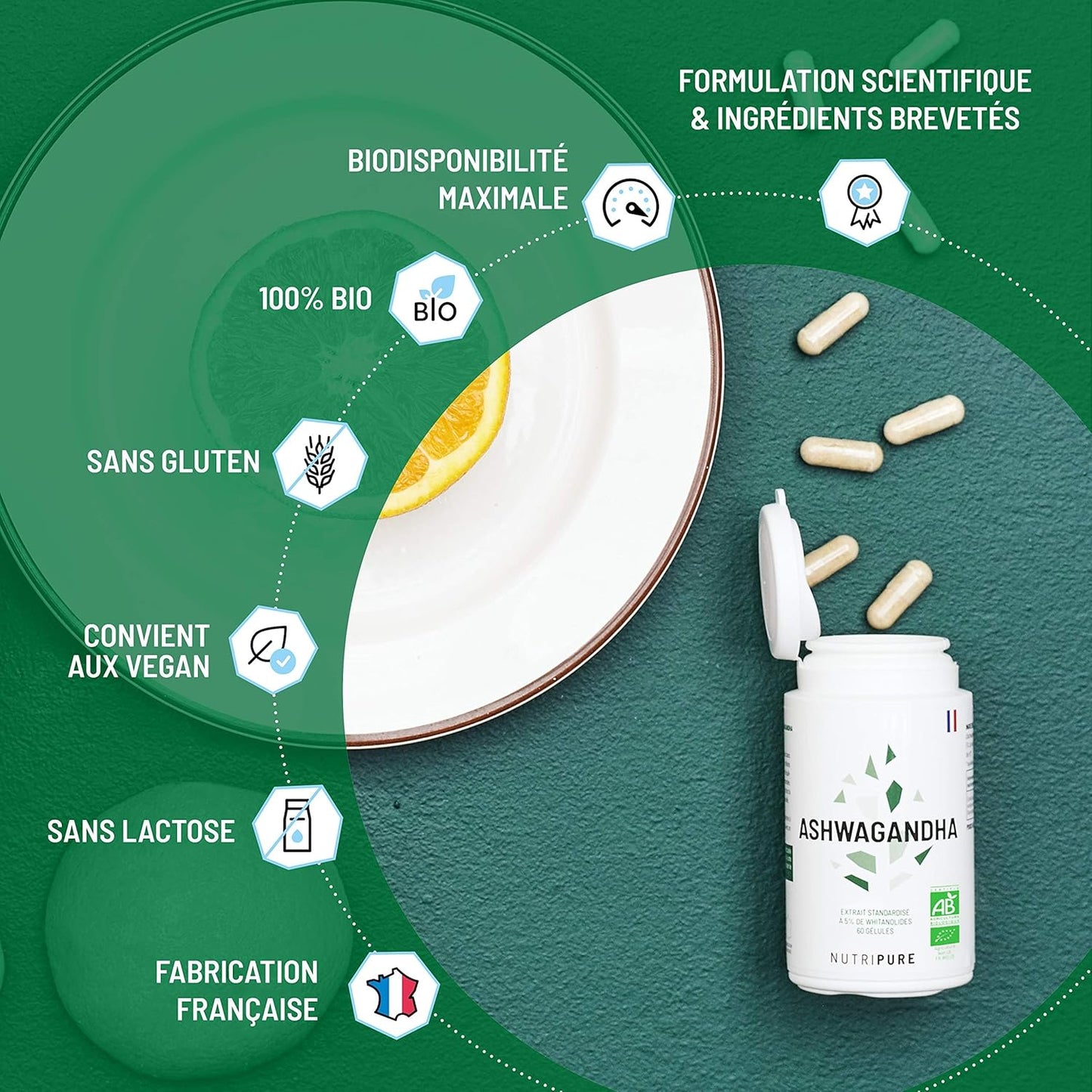 Nutripure | Ashwagandha BIO KSM66® | Plante Adaptogène de l'Ayurvéda | Complément Alimentaire Bien-être Intellectuel et Physique | Stress, Anxiété | 180 gélules Vegan | Cure de 3 Mois | Made in France