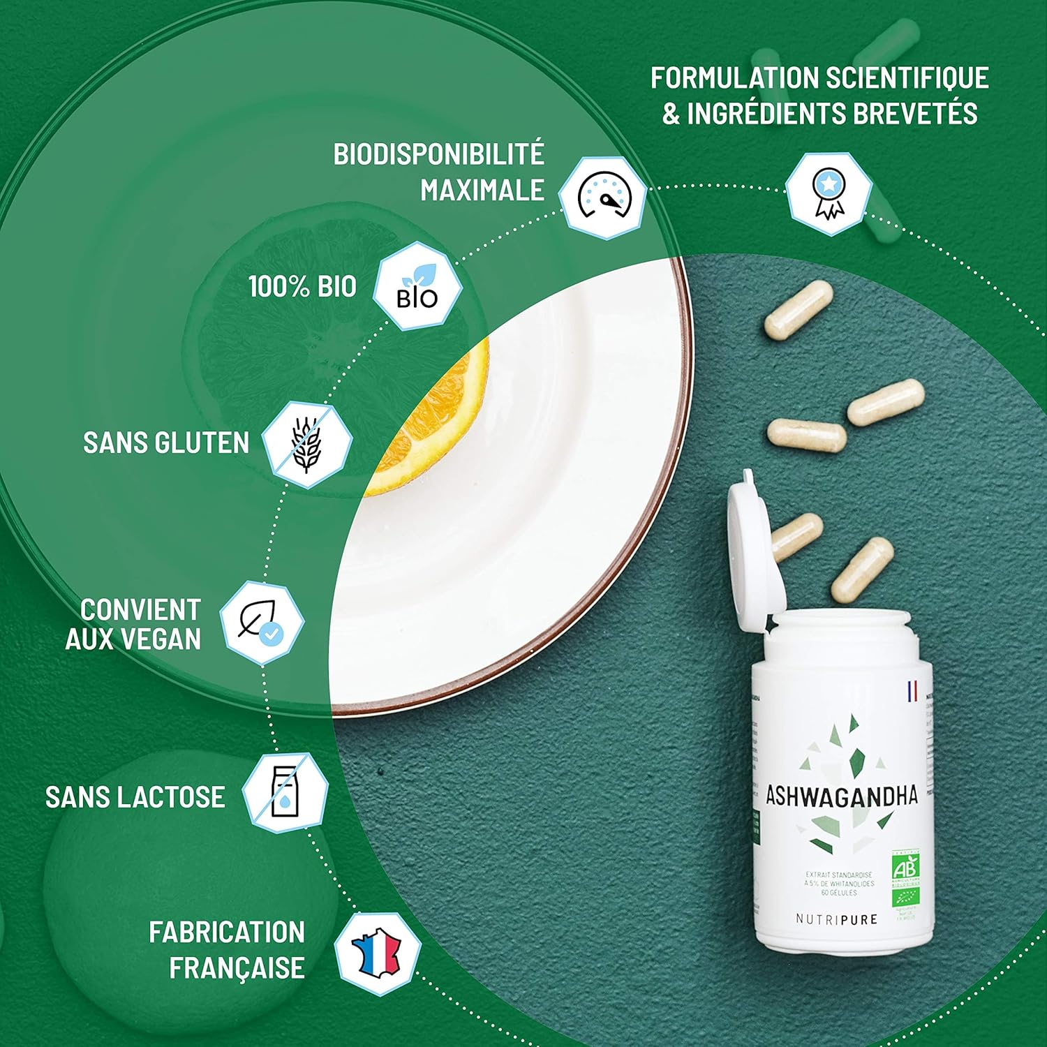 Nutripure | Ashwagandha BIO KSM66® | Plante Adaptogène de l'Ayurvéda | Complément Alimentaire Bien-être Intellectuel et Physique | Stress, Anxiété | 180 gélules Vegan | Cure de 3 Mois | Made in France