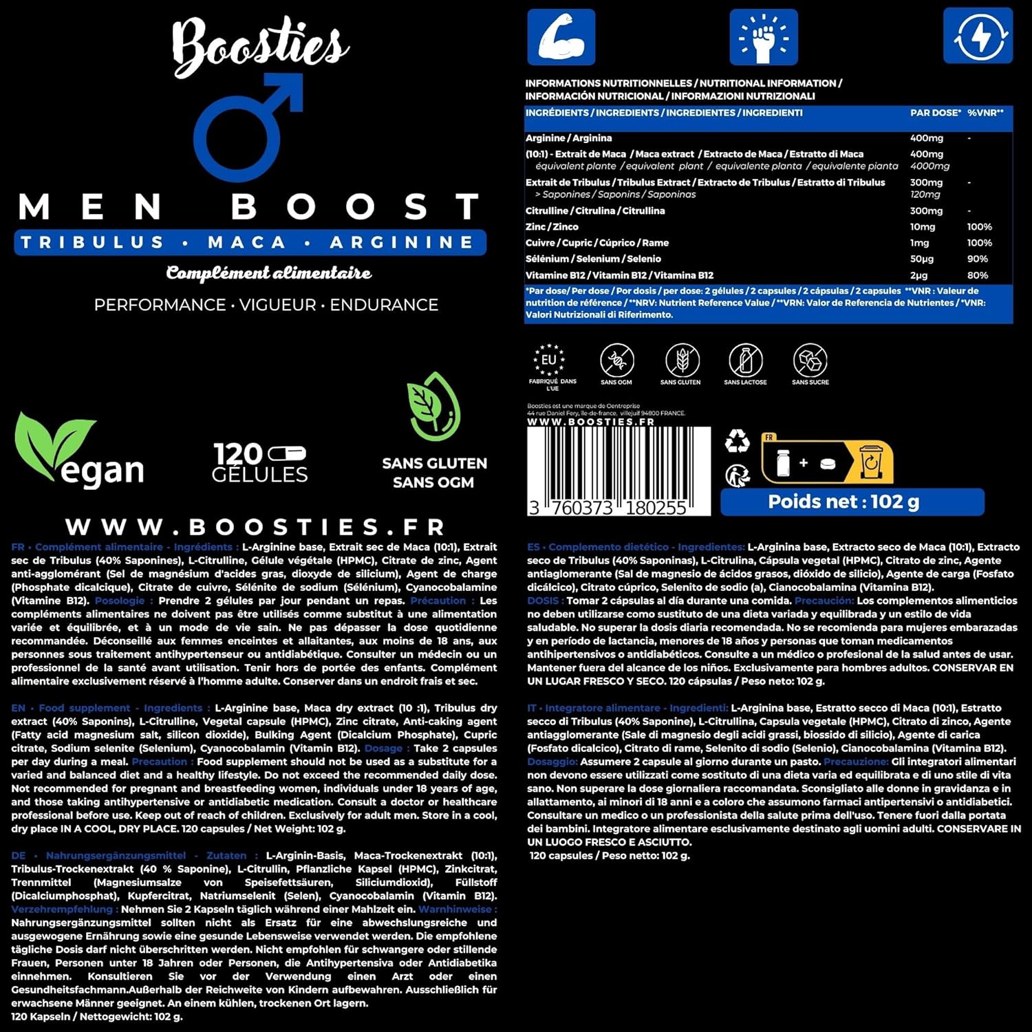 Maca noire, 4000 mg extra-fort, Tribulus terrestris, Arginine, Citrulline, Zinc, vitamin B12, Cuivre, Sélénium, Performance, Endurance, Vigueur, 120 gélules, Boosties