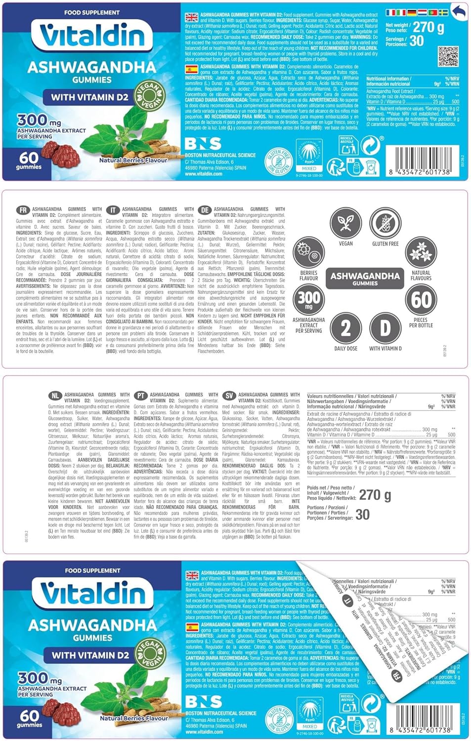 VITALDIN Ashwagandha Gummies – 300 mg d'extrait de Racine d'Ashwagandha KSM-66 & 1.000 UI Vitamine D2 – 60 gommes (pour 1 mois) Goût Fruits Rouges – Adaptogène Anti-stress; Calme et Relaxation – Vegan