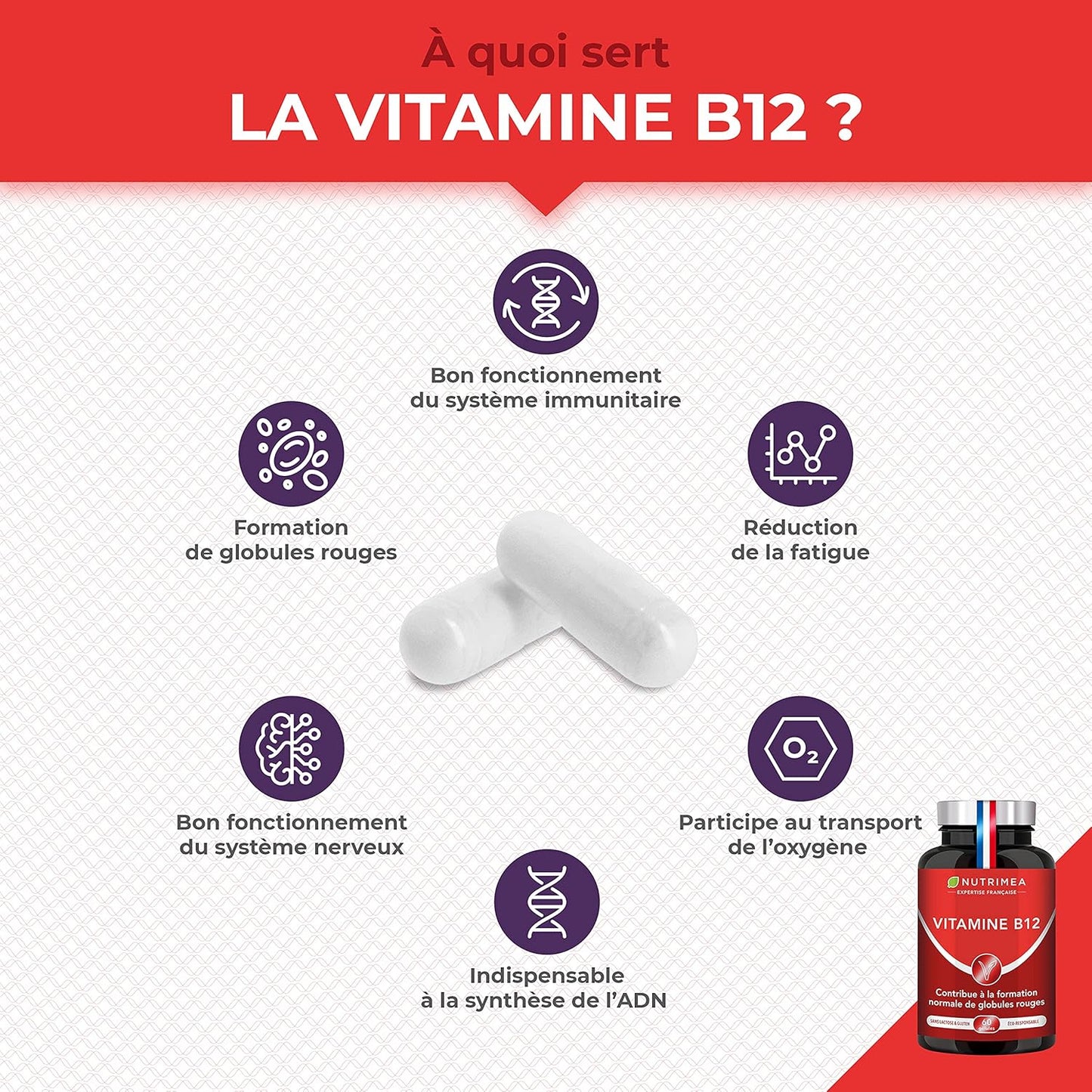 Vitamine B12 Pure - Adapté aux Végétariens et Vegan - 1000 µg de Cyanocobalamine - Fonctions Vitales, Système Nerveux & Immunité - 60 Gélules - Nutrimea - Fabrication Française