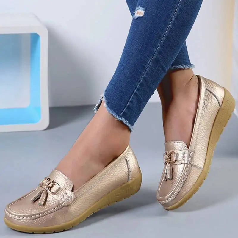 Mocassins compensés rétro en cuir véritable pour femmes