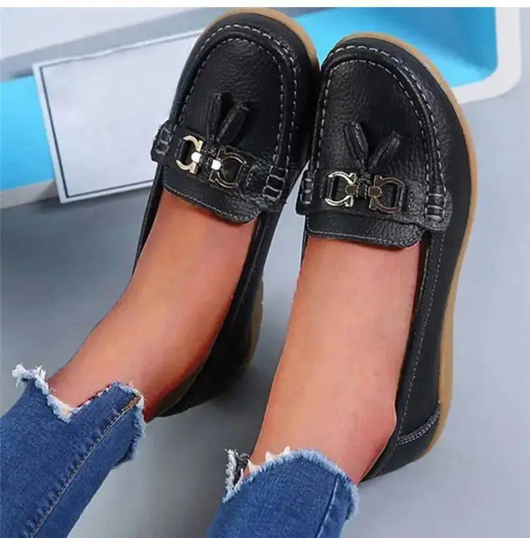 Mocassins compensés rétro en cuir véritable pour femmes