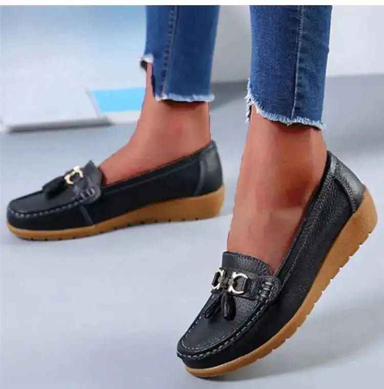 Mocassins compensés rétro en cuir véritable pour femmes