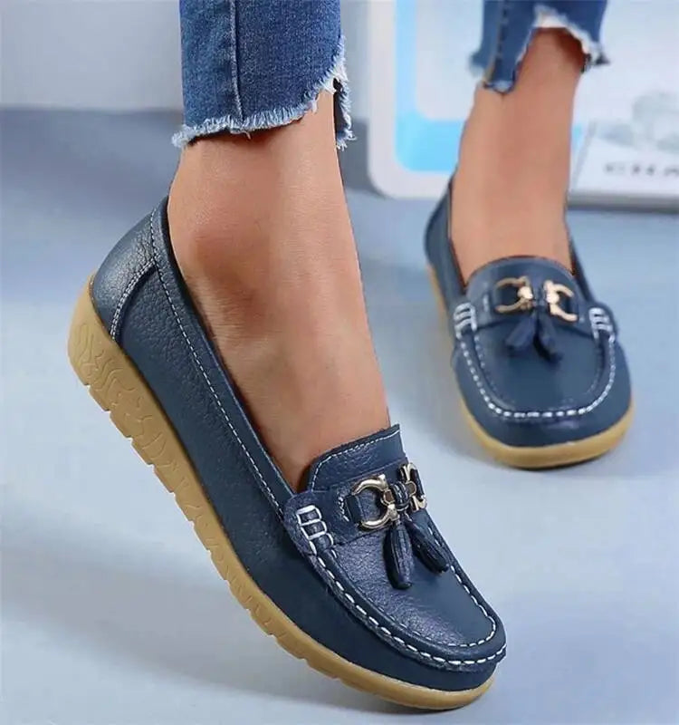 Mocassins compensés rétro en cuir véritable pour femmes