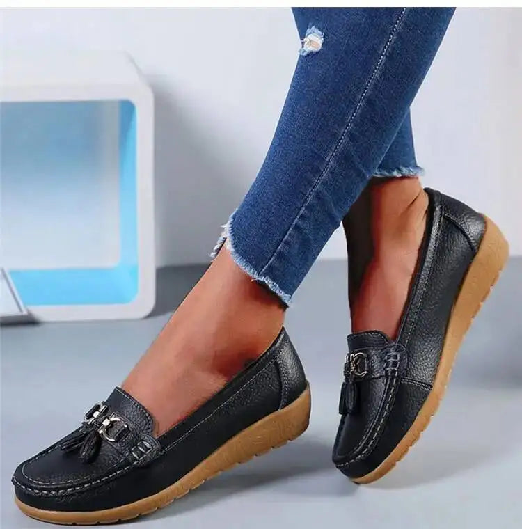 Mocassins compensés rétro en cuir véritable pour femmes