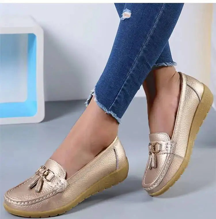 Mocassins compensés rétro en cuir véritable pour femmes