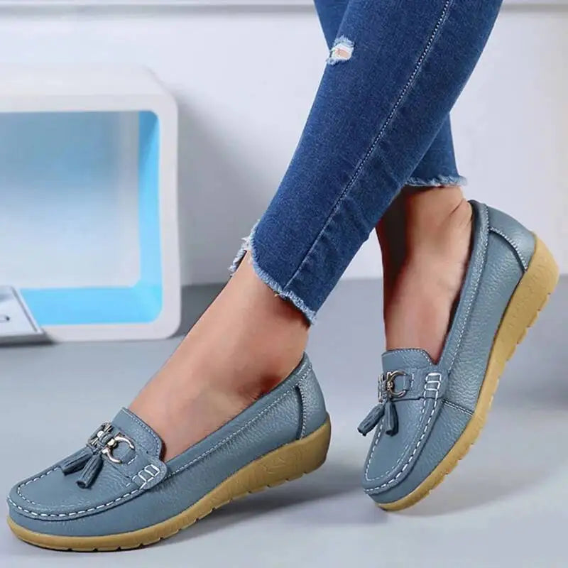 Mocassins compensés rétro en cuir véritable pour femmes