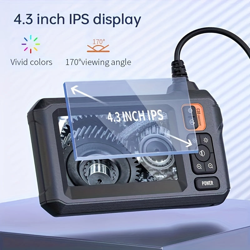 Industrial Endoscope, 8mm  Digital Borescope Inspection Camera 4.3 Inch IPS LCD Screen IP67 Waterproof Snake Camera With 8 LED Lights, 1/5/10m Semi-Rigid Cable, Auto Repair Plumbing House Auxiliary Inspection