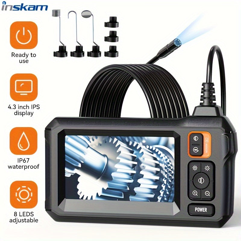 Industrial Endoscope, 8mm  Digital Borescope Inspection Camera 4.3 Inch IPS LCD Screen IP67 Waterproof Snake Camera With 8 LED Lights, 1/5/10m Semi-Rigid Cable, Auto Repair Plumbing House Auxiliary Inspection