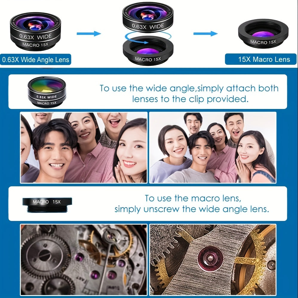 7-in-1 Professional Phone Camera Lens Kit - Capture Breathtaking Moments with 198° Fisheye, 15X Macro, 0.63X Wide Angle, 2X Long Focal, CPL, Kaleidoscope, and Starburst Lenses - Compatible with iPhone 11/12/13 and Samsung/An